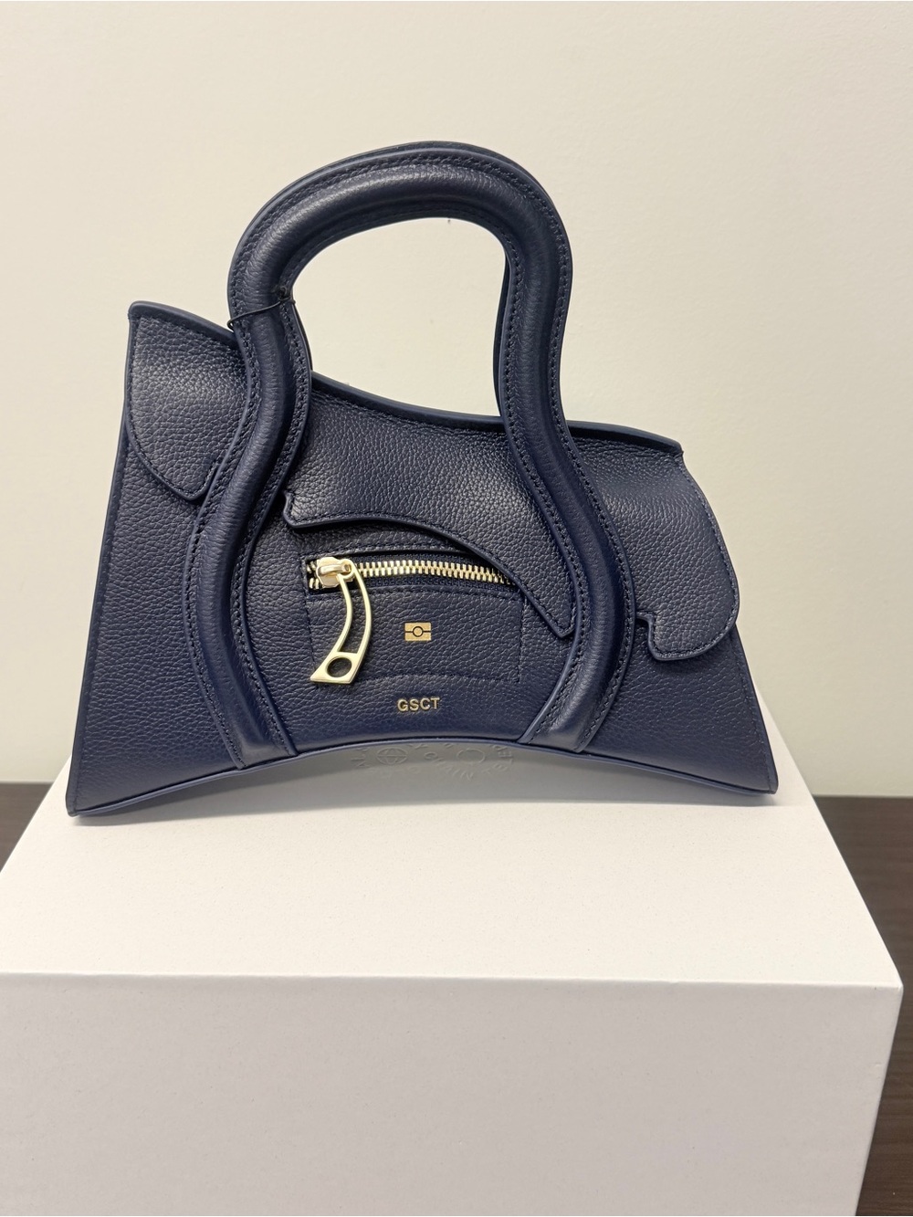 MSCHF Navy Blue Leather Handbag with Shoulder Strap and Dust Bag.  MFRP:$650